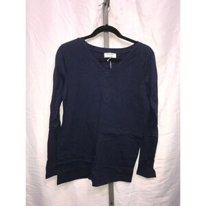 Zenana Womens Navy Blue V-Neck Long Sleeve Cotton Stretch Basic Top